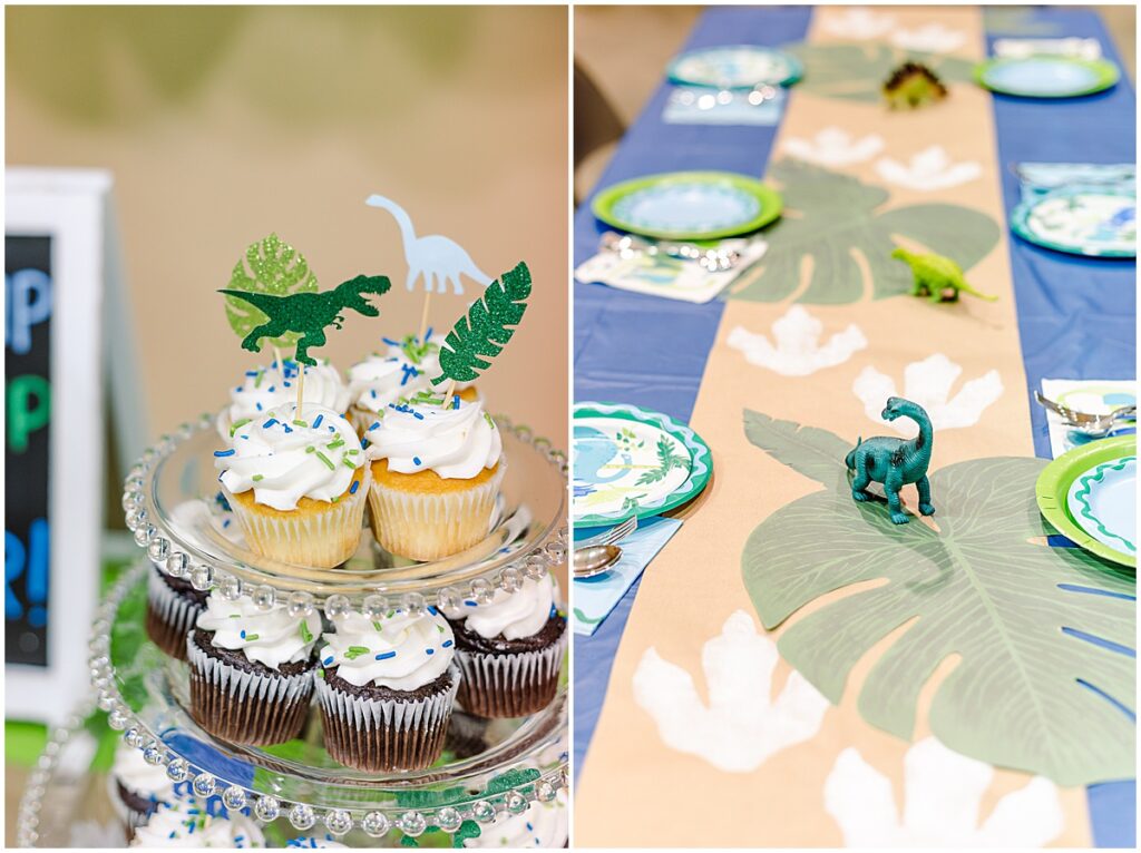 dinosaur decor, dinosaur birthday party, blue and green birthday theme, boys party ideas, cupcakes